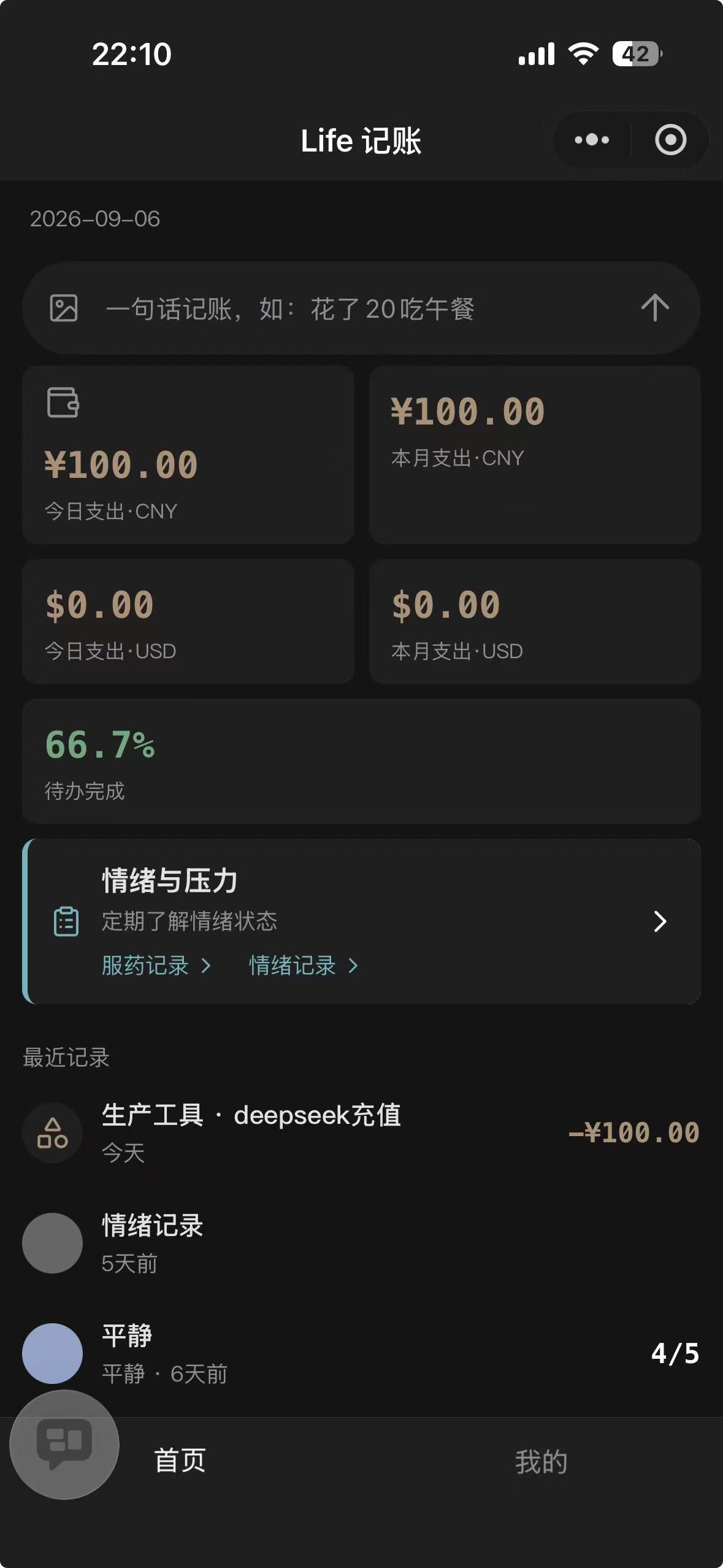 首页输入条：一句话记账